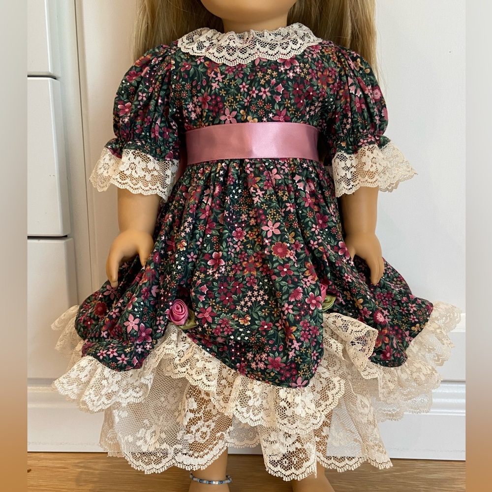 American Girl doll floral dress with lace petticoat and green hat